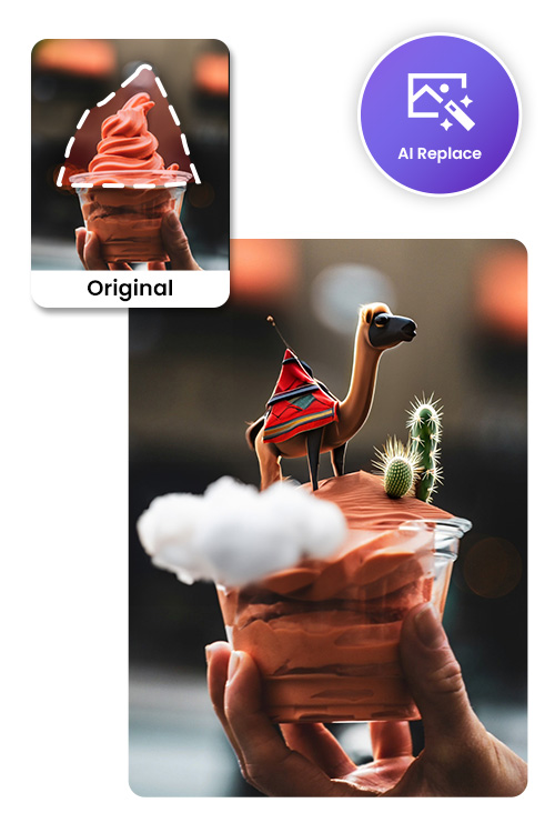 an original ice cream photo and the photo applied with AI Replace with dune, camel, cactus and cloud